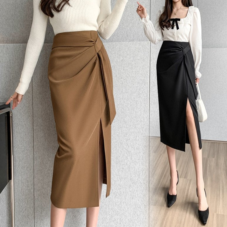 Women Simple High-rise Solid Slit Skirts