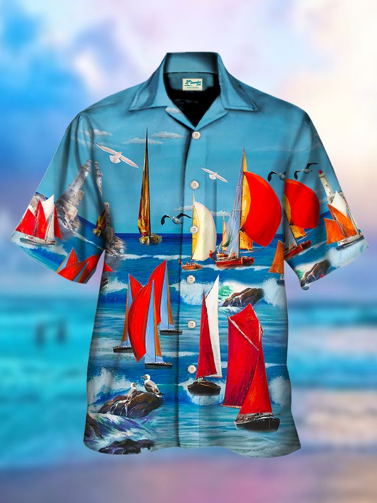 Sail Boat Print Beach Men's Hawaiian Oversized Shirt With Pocket