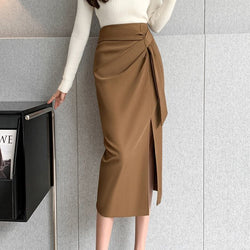 Women Simple High-rise Solid Slit Skirts