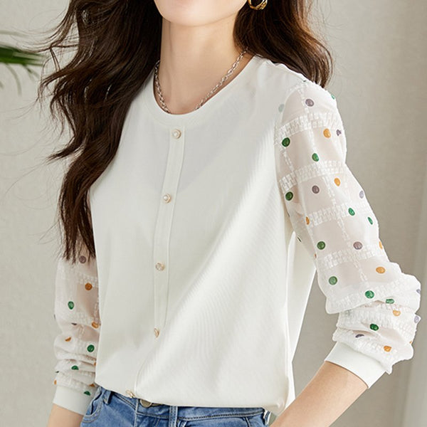 Women Polka Dots Buttoned Round Neck Textured Shirts & Tops