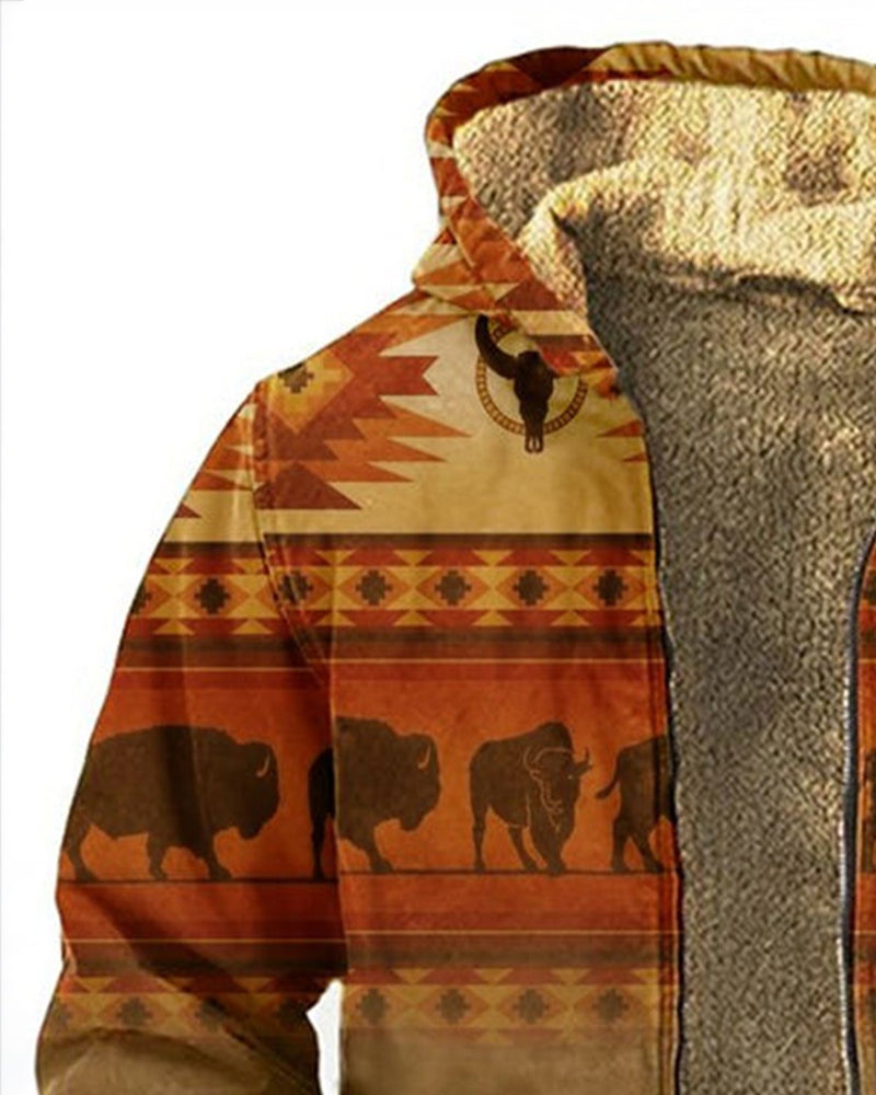 Vintage Aztec Khaki Men's Drawstring Hoodies Stretch Warm Fleece Ethnic Geometric Art Pullover Sweatshirts