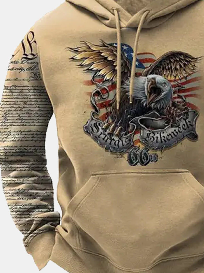 Vintage American Flag Khaki Drawstring Hoodies American Eagle Western Camp Warm Pocket Pullover Sweatshirts