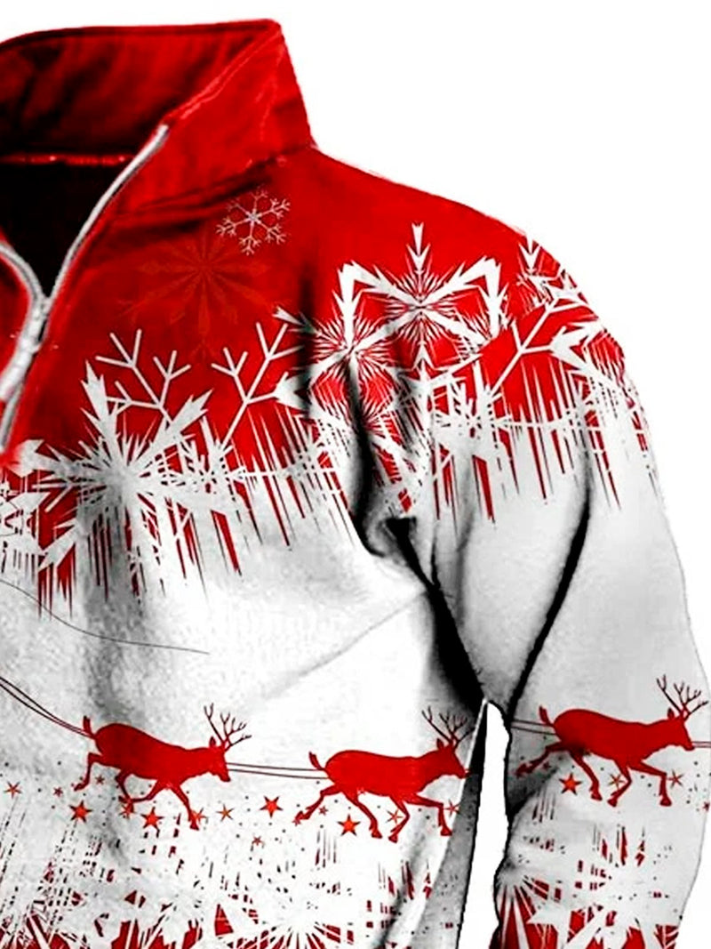 Men's Christmas Sika Deer Print Stand Collar Zip Sweater