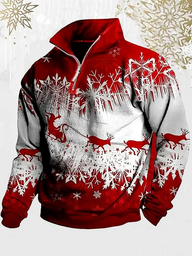 Men's Christmas Sika Deer Print Stand Collar Zip Sweater