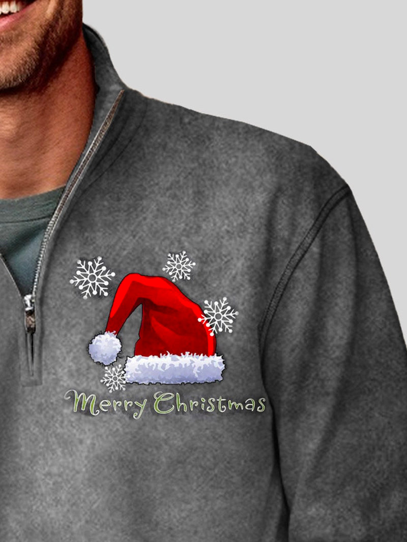 Men's Christmas Santa Hat Print Zipper Stand Collar Sweatshirt