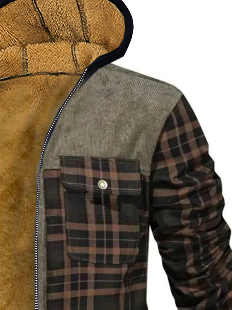 Men's Fleece Plaid Coat Patch Work Outdoor Jacket