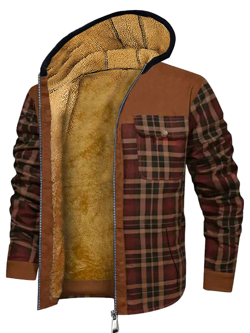 Men's Fleece Plaid Coat Patch Work Outdoor Jacket