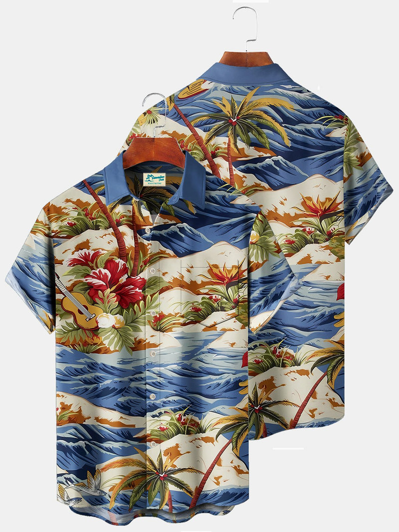 Beach Vacation Blue Men's Hawaiian Shirts Island Music Coconut Tree Guitar Cartoon Ocean Wave Art Plus Size Aloha Camp Pocket Shirts