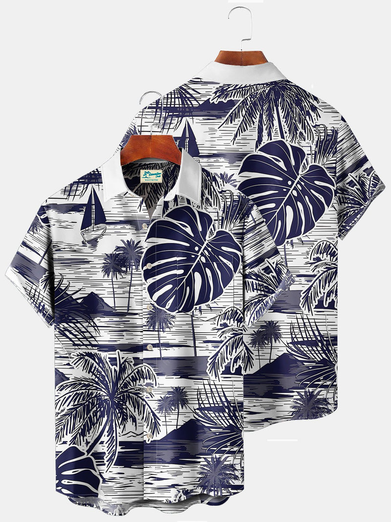 Beach Vacation Men's White Hawaiian Shirts Coconut Tree Island Art Stretch Plus Size Aloha Camp Pocket Shirts