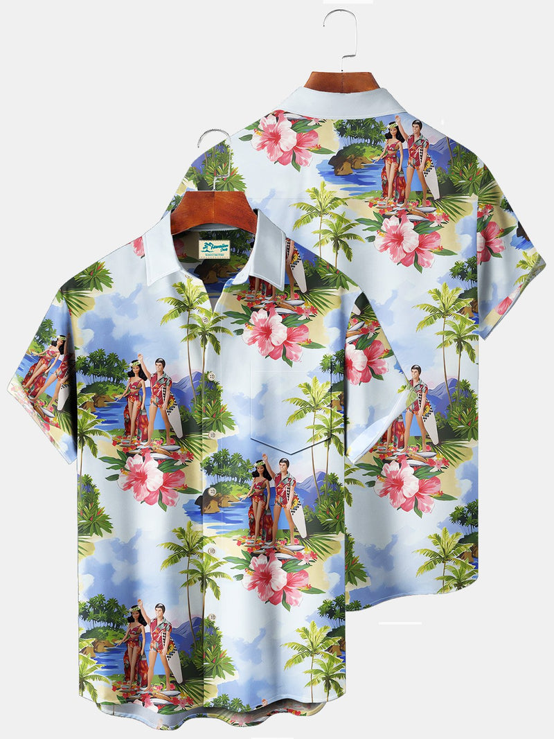 Beach Vacation Blue Men's Hawaiian Shirts Coconut Tree Hula Plus Size Aloha Camp Pocket Shirts