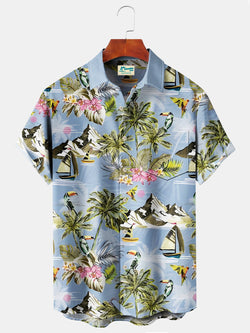 Beach Vacation Light Blue Men's Hawaiian Shirts Island Sailing Coconut Tree Cartoon Art Plus Size Aloha Camp Pocket Shirt