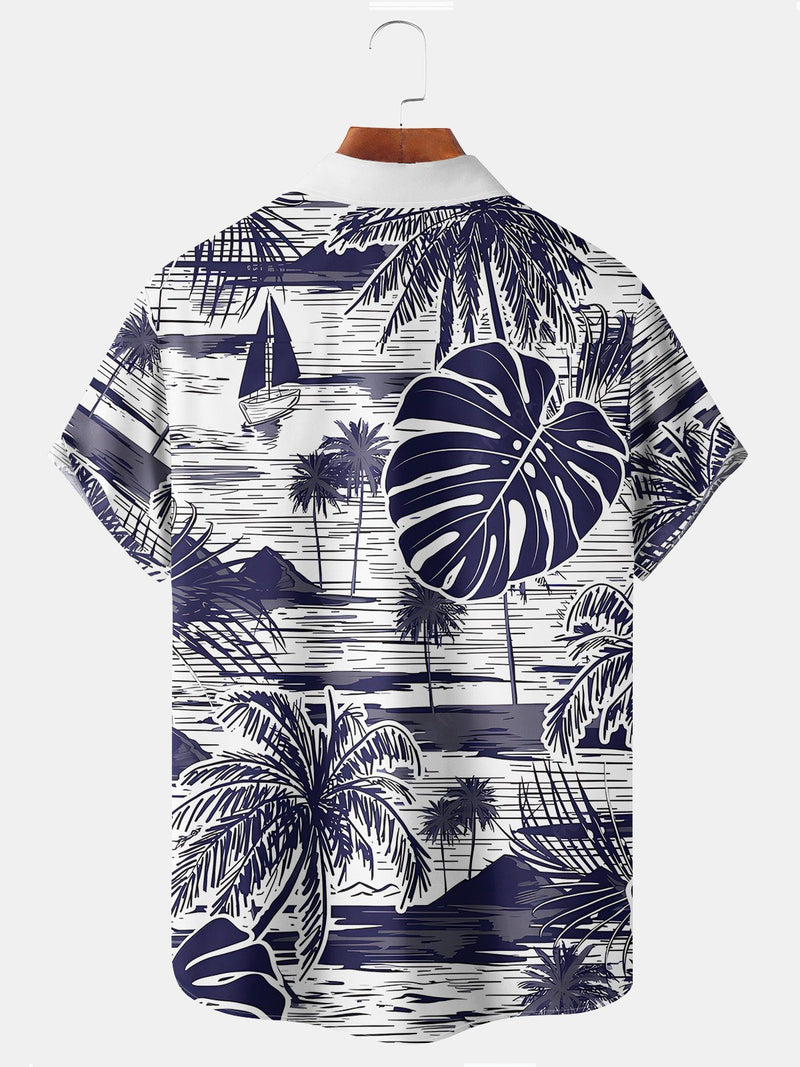 Beach Vacation Men's White Hawaiian Shirts Coconut Tree Island Art Stretch Plus Size Aloha Camp Pocket Shirts