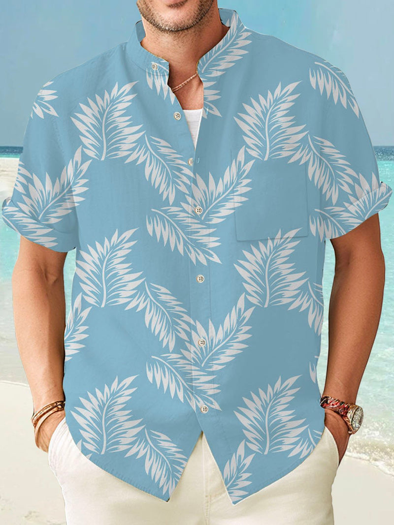 Hawaiian Leaf Botanical Print Men's Button Pocket Shirt