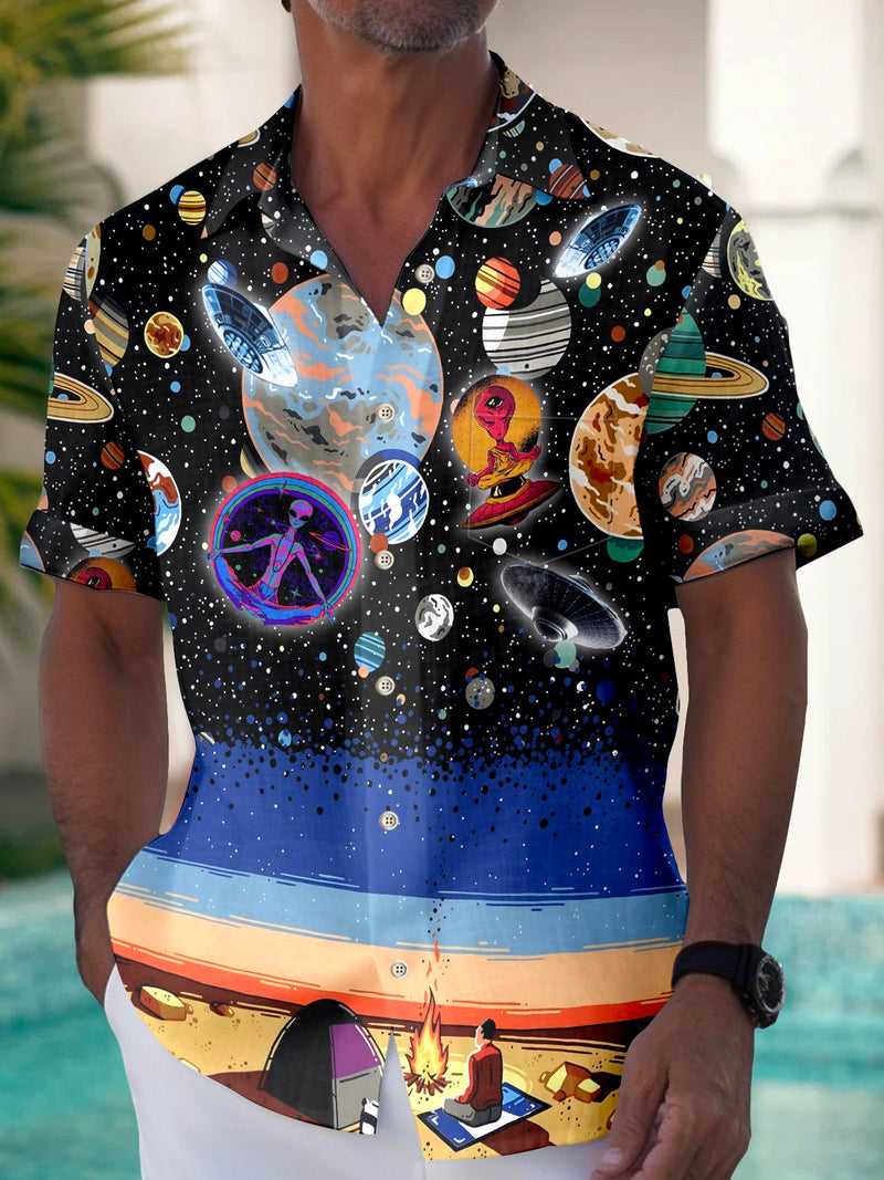 Alien Ufo  Camping With Ufo Galaxy Print  Men's Hawaiian Oversized Shirt with Pockets
