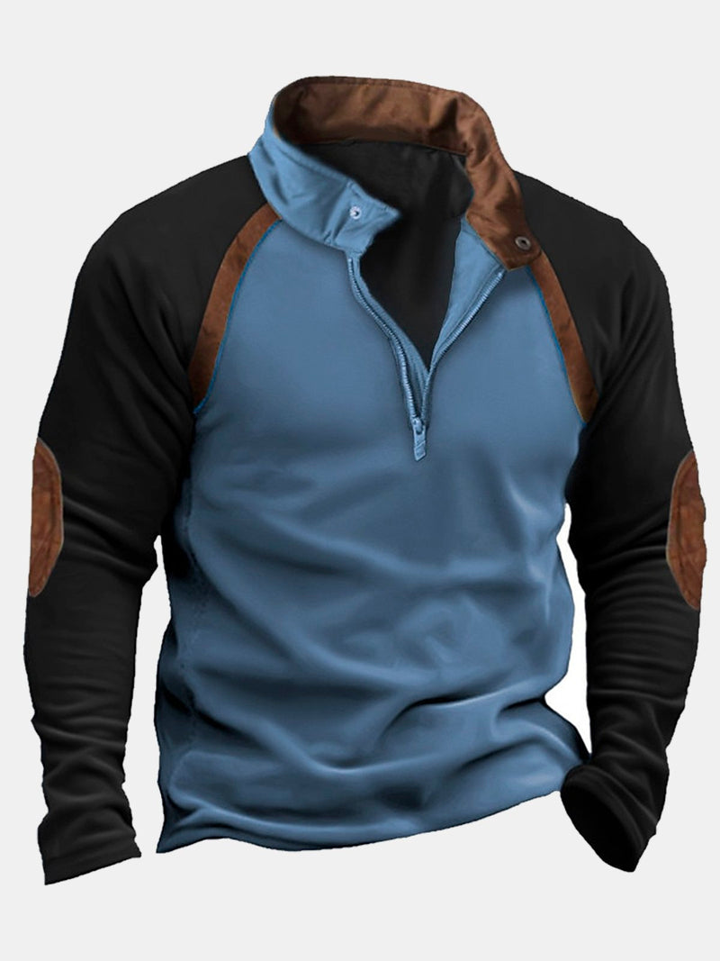 50's Retro Casual Western Men's Camp Stand Collar Sweatshirts Stretch Plus Size Spliced Outdoor Pullover Tops