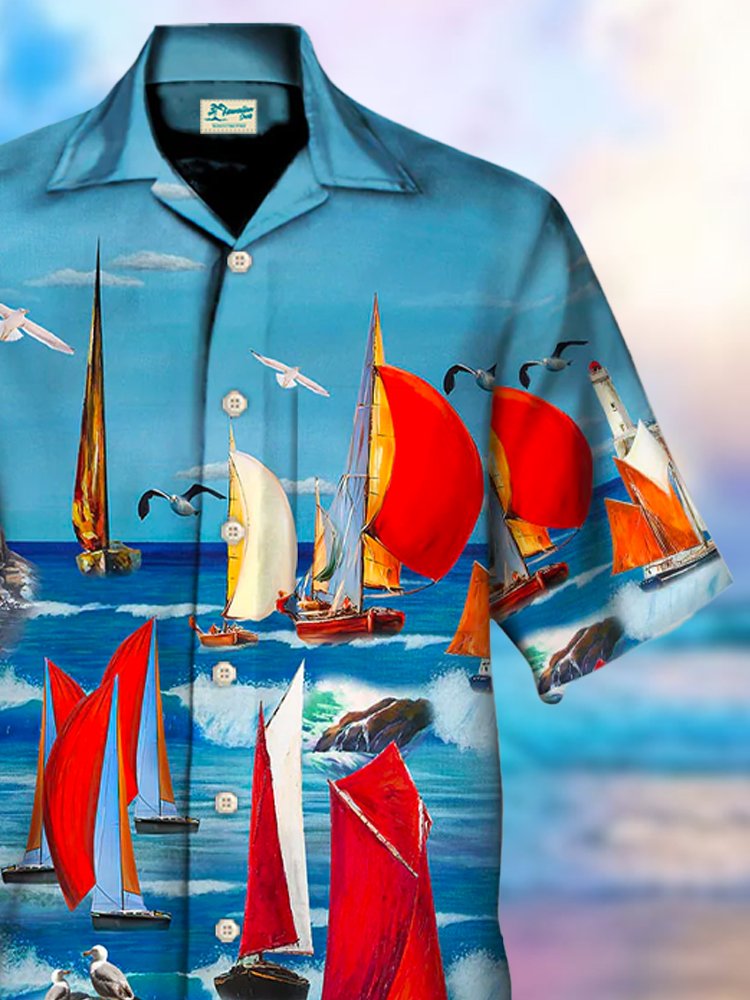 Sail Boat Print Beach Men's Hawaiian Oversized Shirt With Pocket